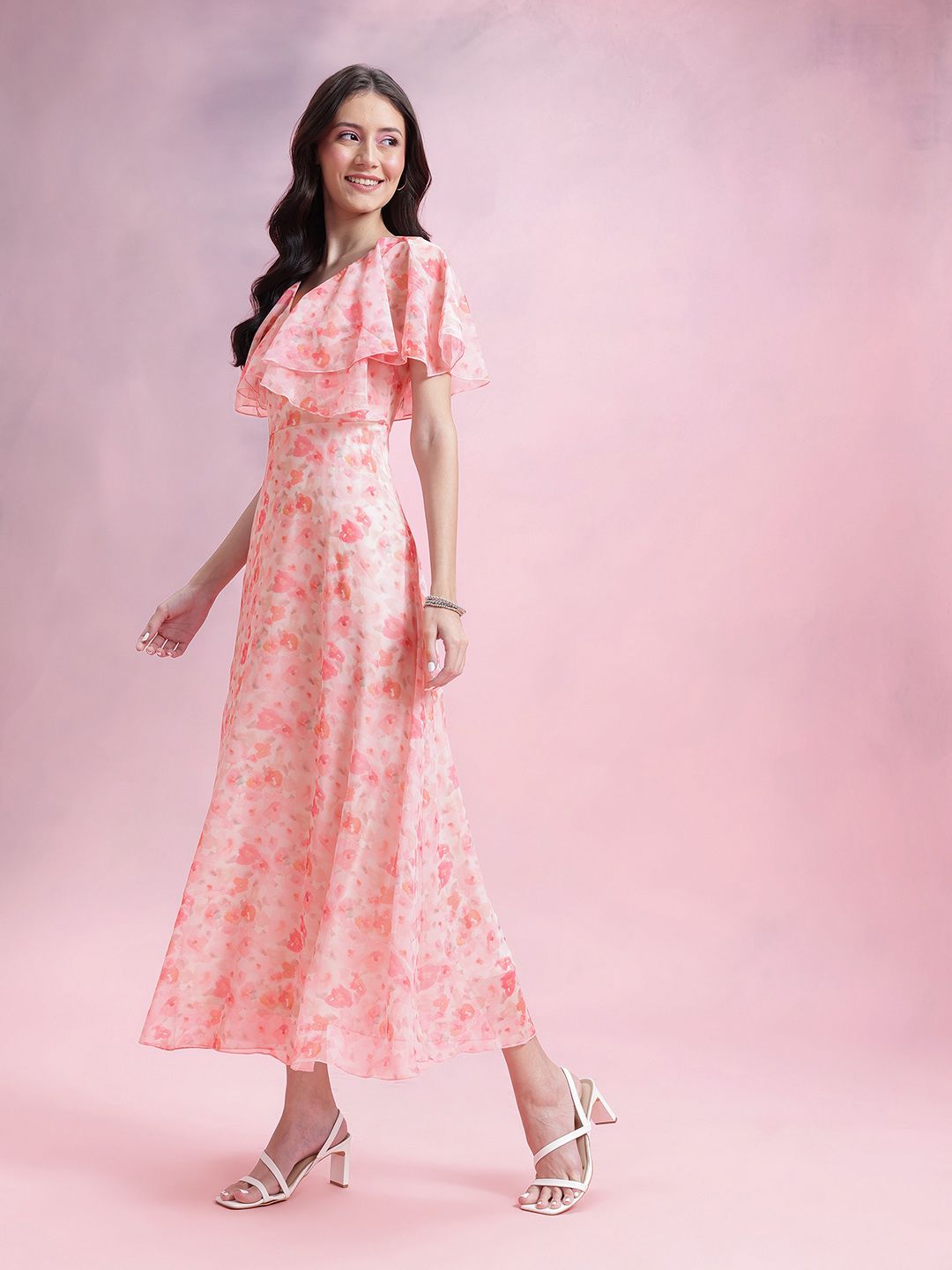 DressBerry Floral Print Flutter Sleeves Ruffled Detail Georgette Maxi A-Line Dress