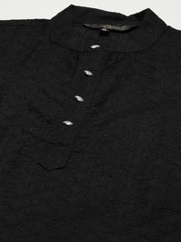 SOJANYA Men Black Ethnic Motifs Chikankari Pure Cotton Kurta with Churidar & Nehru Jacket