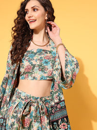 Berrylush Women Beige & Blue Floral Printed 3 Piece Co-Ords