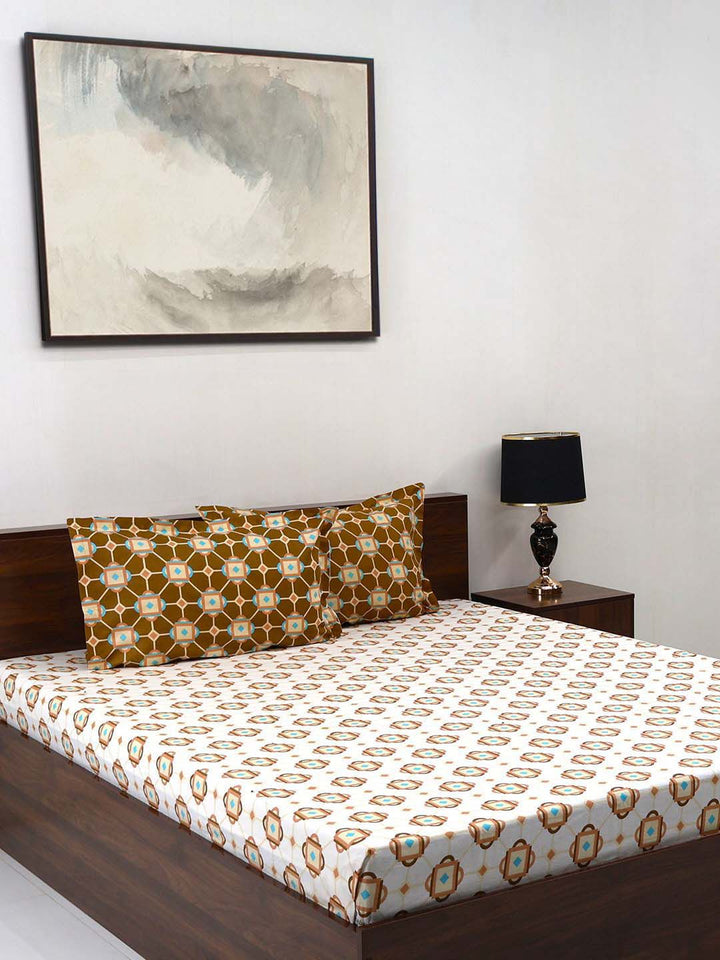 BOMBAY DYEING Aster Brown Geometric 100 TC Cotton Queen Bedsheet Set-2.24 m X 2.44 m