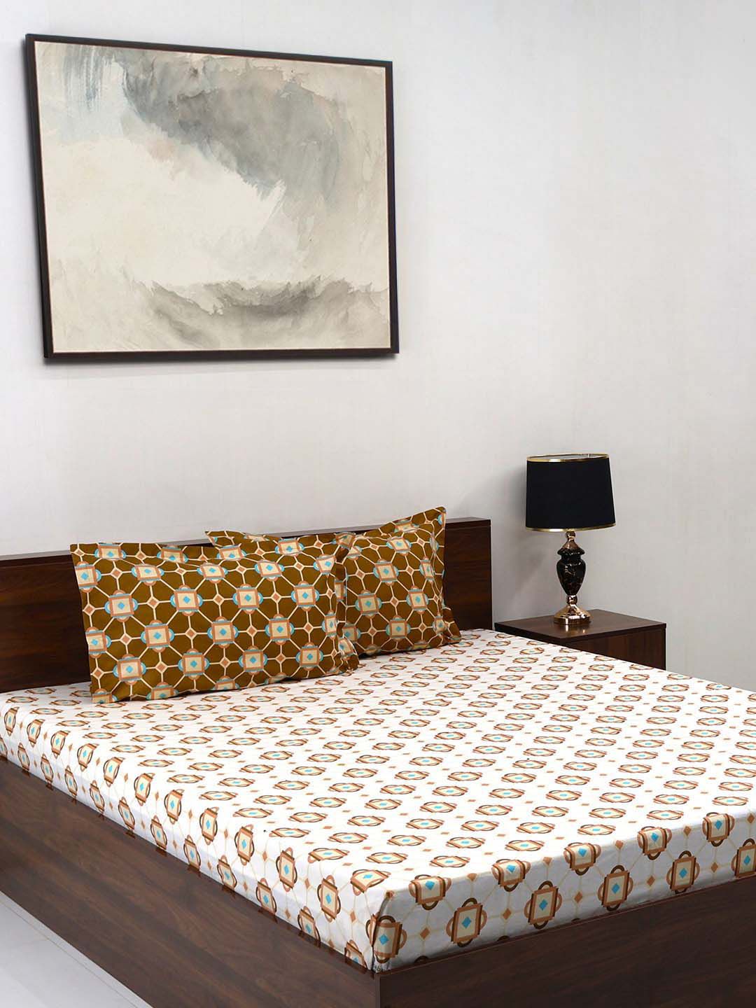 BOMBAY DYEING Aster Brown Geometric 100 TC Cotton Queen Bedsheet Set-2.24 m X 2.44 m