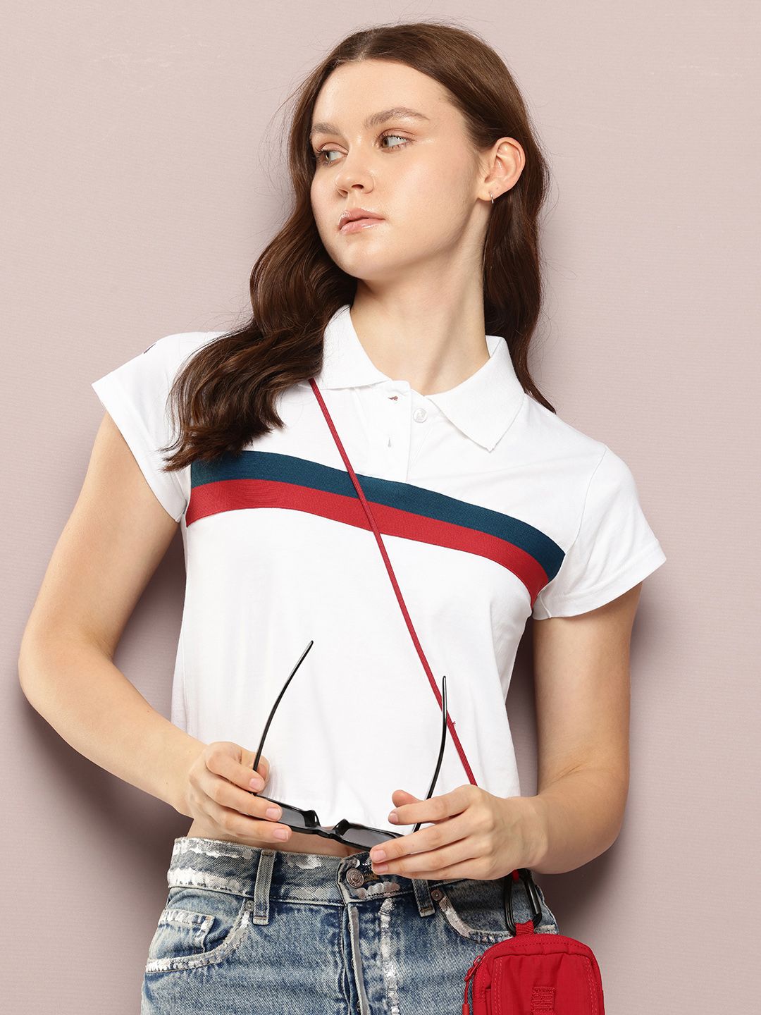 DILLINGER Women Regular Cropped Self Design Polo Tshirt
