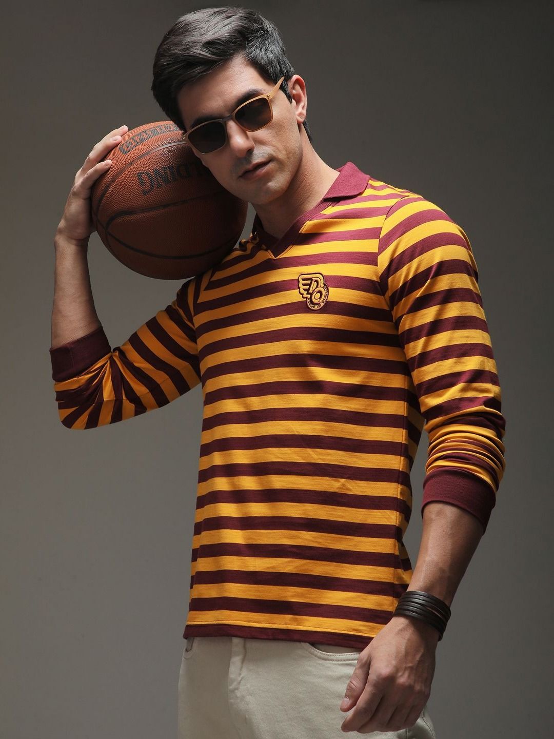 Difference of Opinion Men Striped Polo Collar Cotton T-shirt
