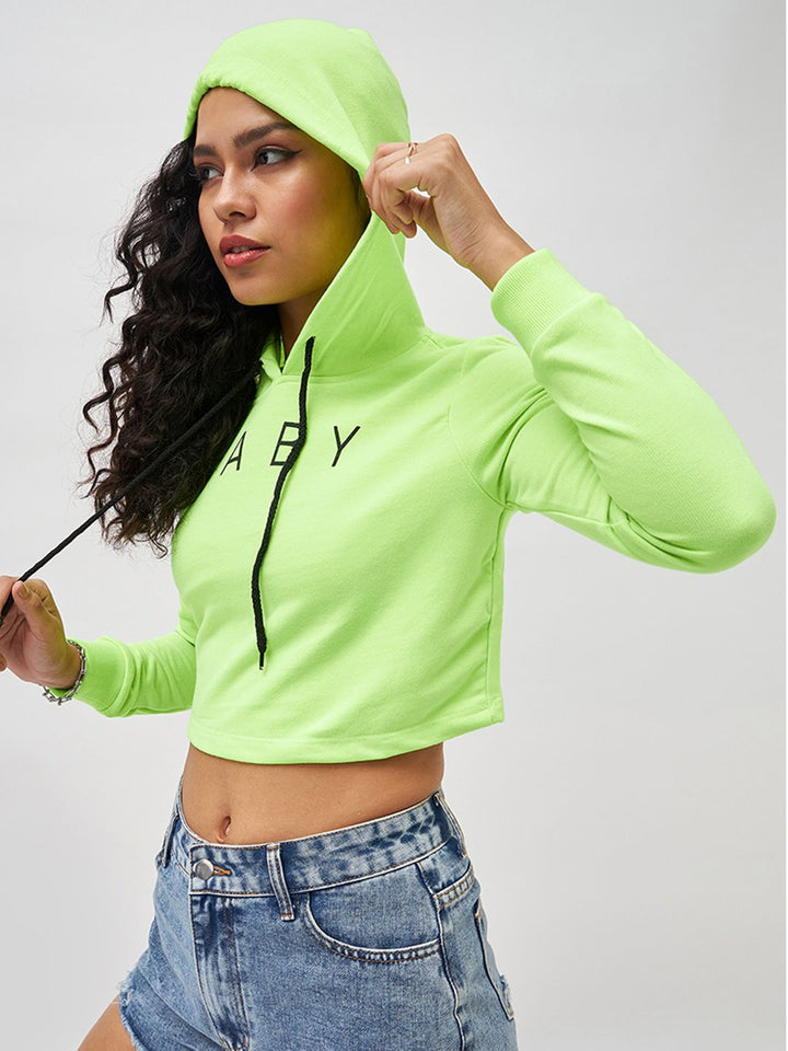 SASSAFRAS Women Fluorescent Green Solid Hooded Cropped Sweatshirt