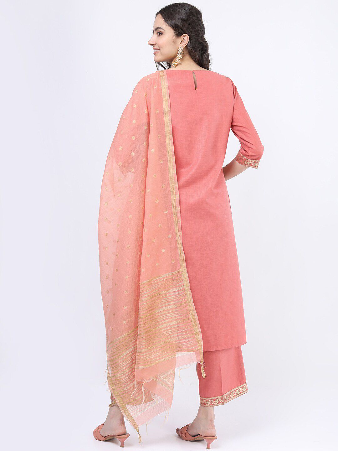 Vishudh Women Coral Yoke Design Kurti with Palazzos & With Dupatta