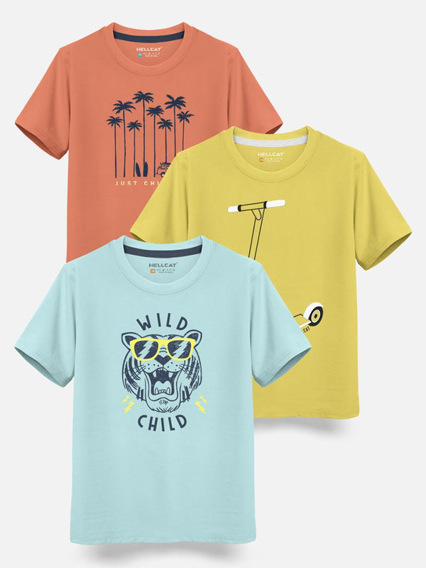 HELLCAT Boys Pack Of 3 Printed Cotton T-shirt