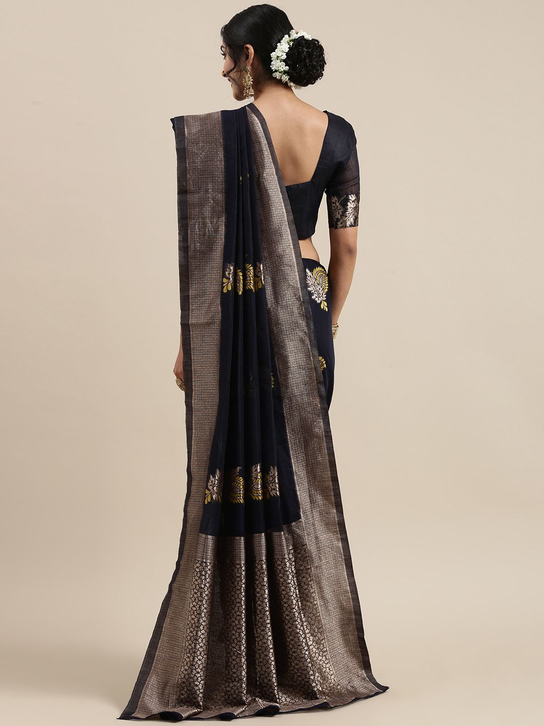 Saree mall Navy Blue Paisley Linen Blend Banarasi Saree
