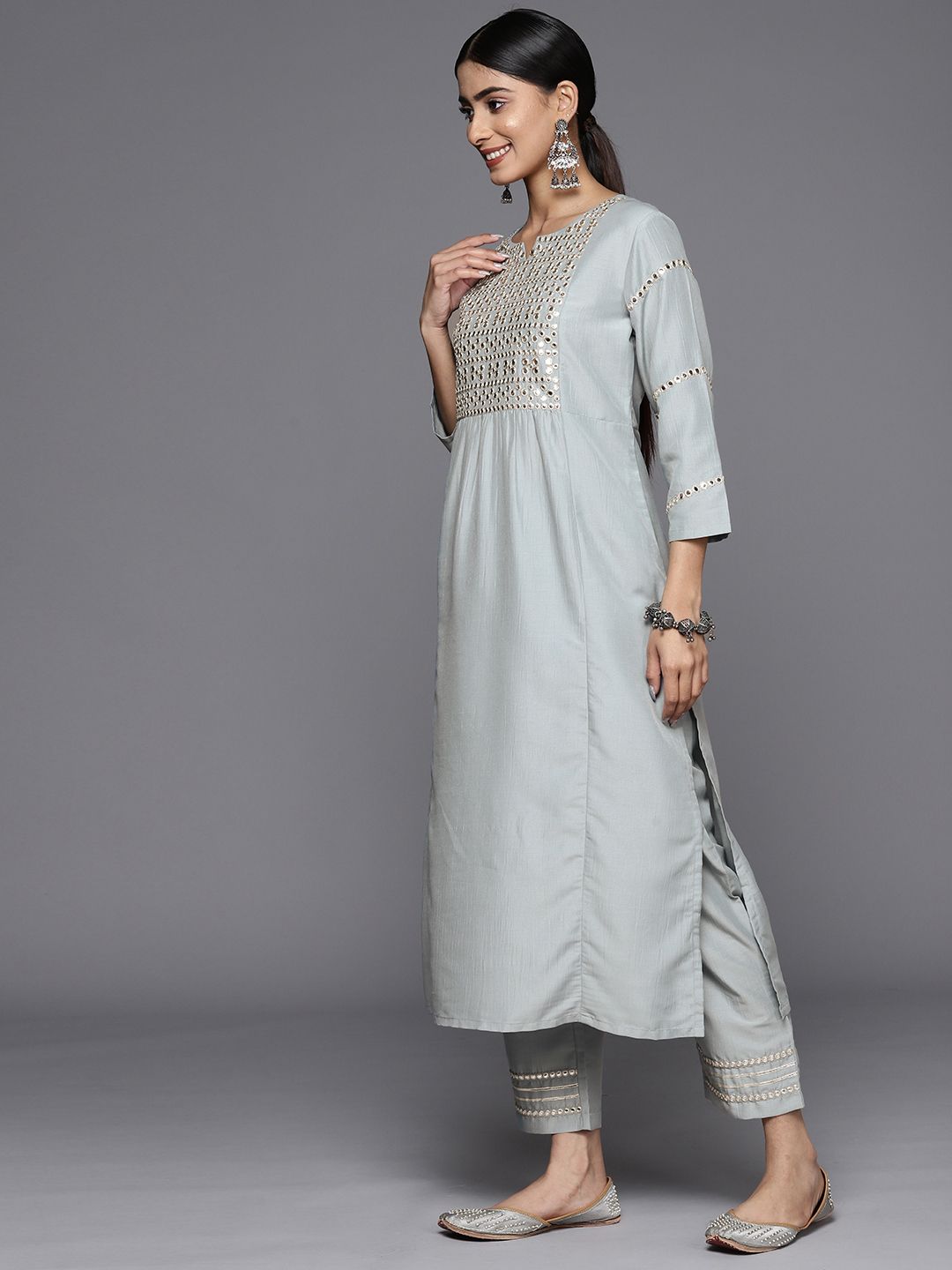 Varanga Embroidered Empire Mirror Work Kurta With Trousers & With Dupatta