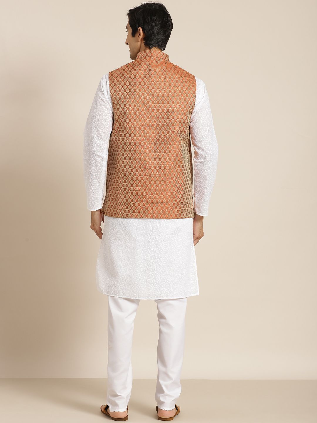 SOJANYA Men White Chikankari Pure Cotton Kurta with Churidar & Nehru Jacket