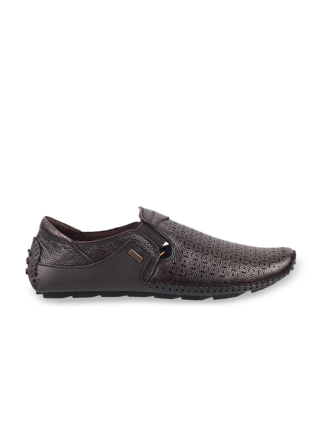 Metro Men Brown Textured Leather Loafers