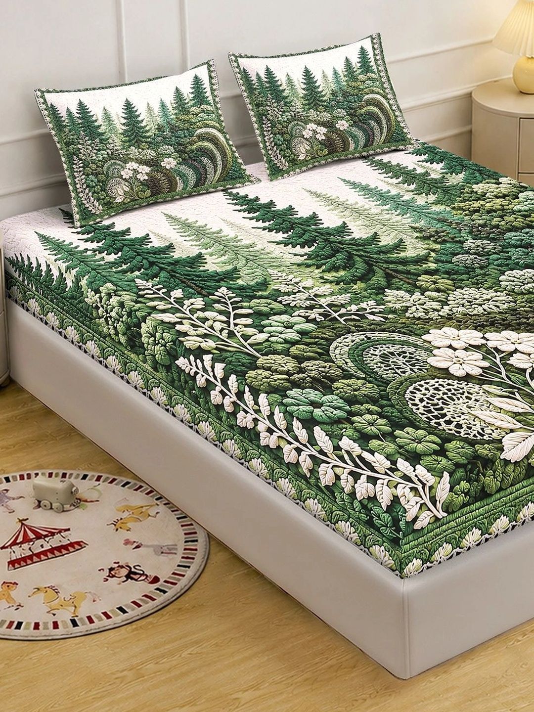KLOTTHE Hijau & Putih Floral 400 TC Cadar King dengan 2 Sarung Bantal