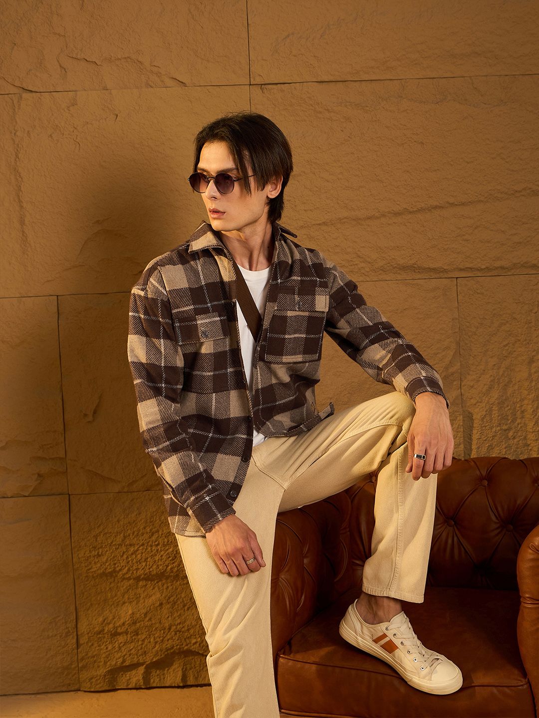 DENNISON Men Double Pocket Drop Shoulder Oversized Cotton Checked Shacket