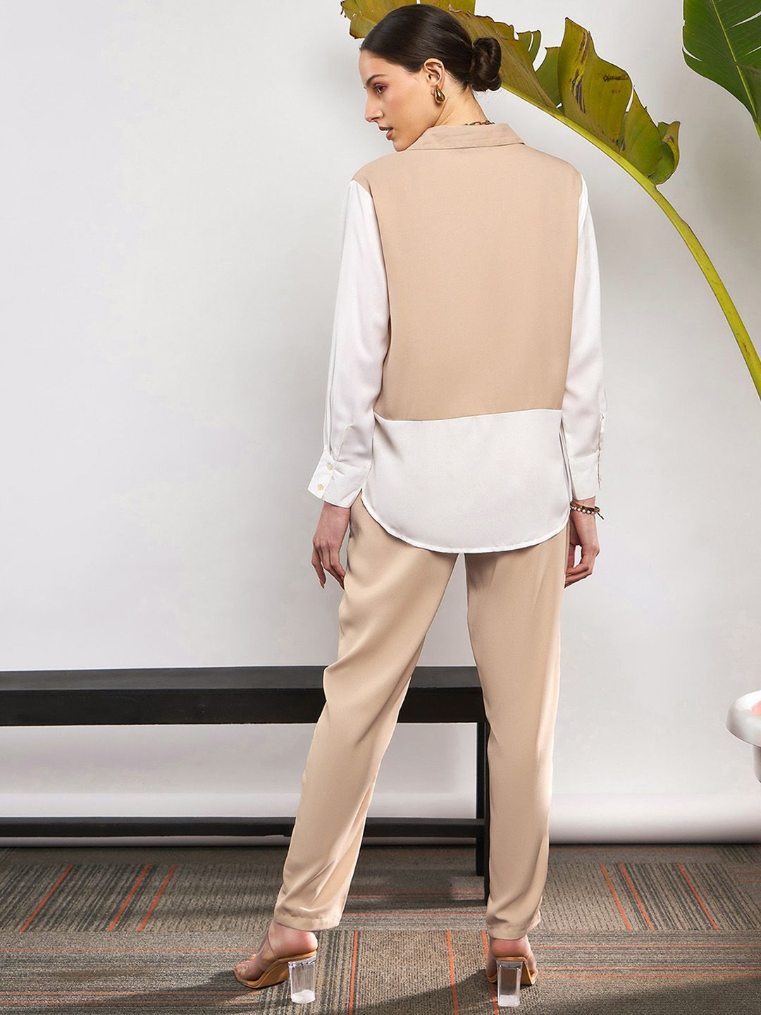 SASSAFRAS Beige & White Colorblocked Shirt & Darted Trousers Co-ords