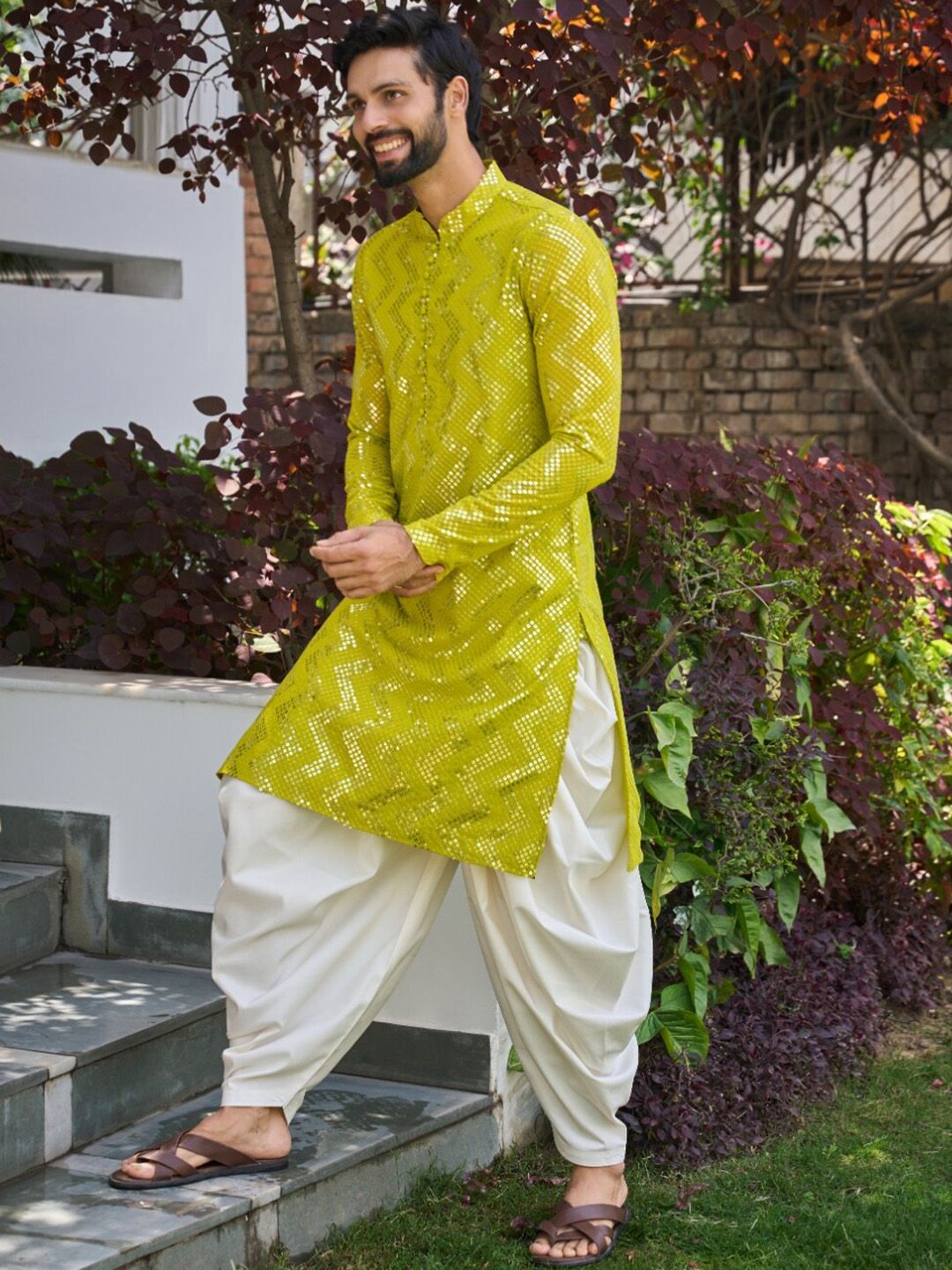 See Designs Geometric Woven Design Mandarin Collar Straight Kurta