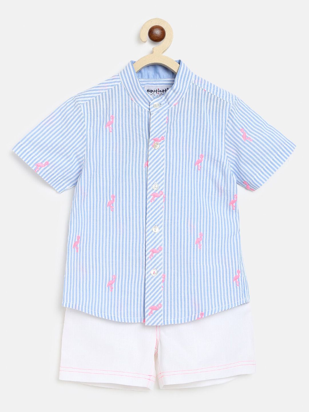 Nauti Nati Boys Blue & White Striped Pure Cotton Shirt with Shorts