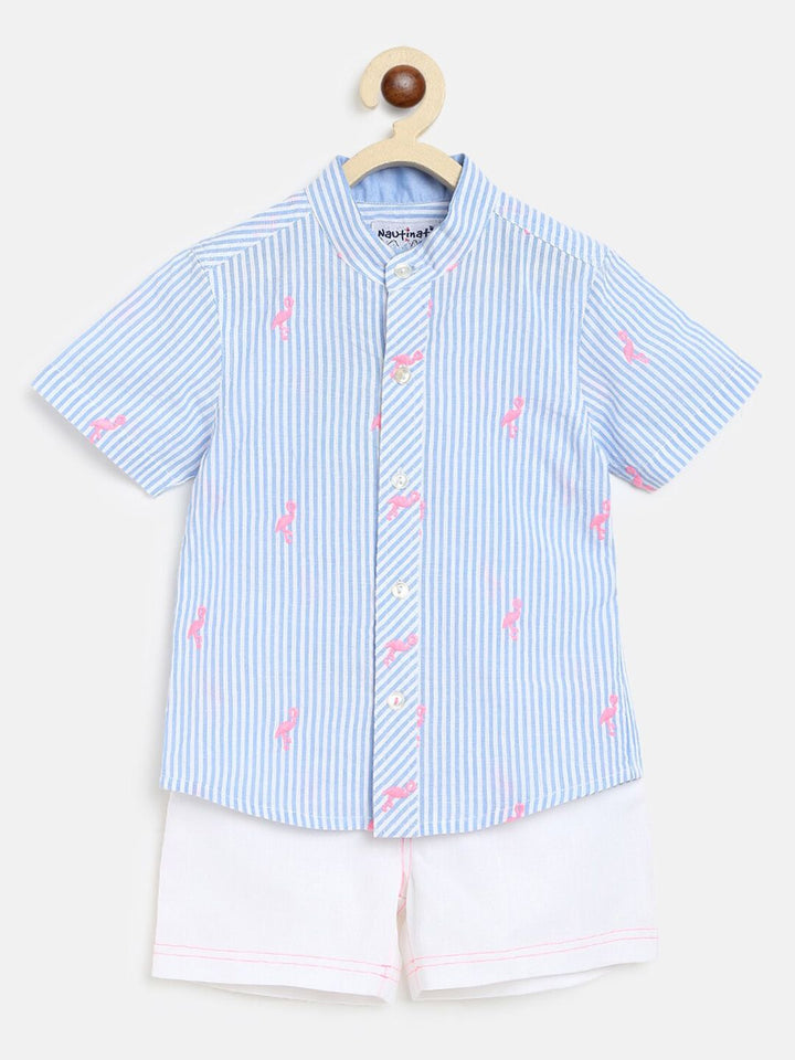 Nauti Nati Boys Blue & White Striped Pure Cotton Shirt with Shorts