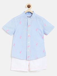Nauti Nati Boys Blue & White Striped Pure Cotton Shirt with Shorts