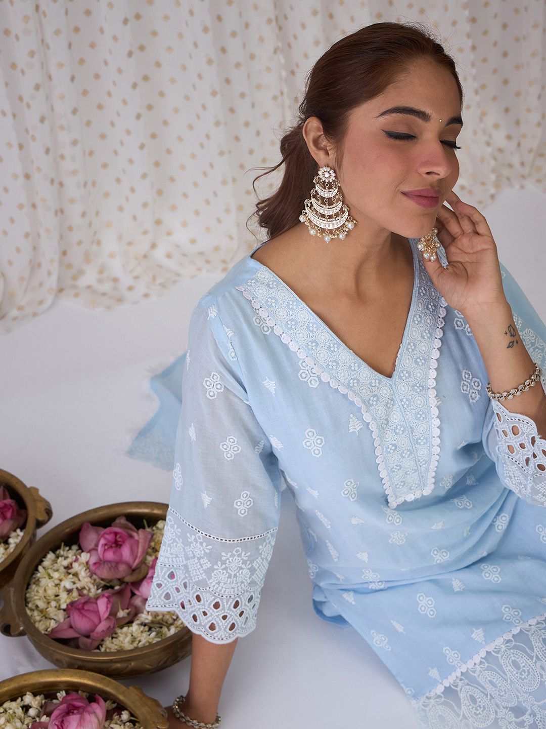 Indo Era Blue Floral Embroidered Thread Work Pure Cotton Kurta With Trousers & Dupatta