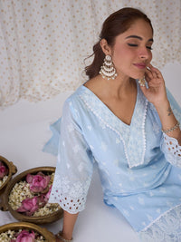 Indo Era Blue Floral Embroidered Thread Work Pure Cotton Kurta With Trousers & Dupatta