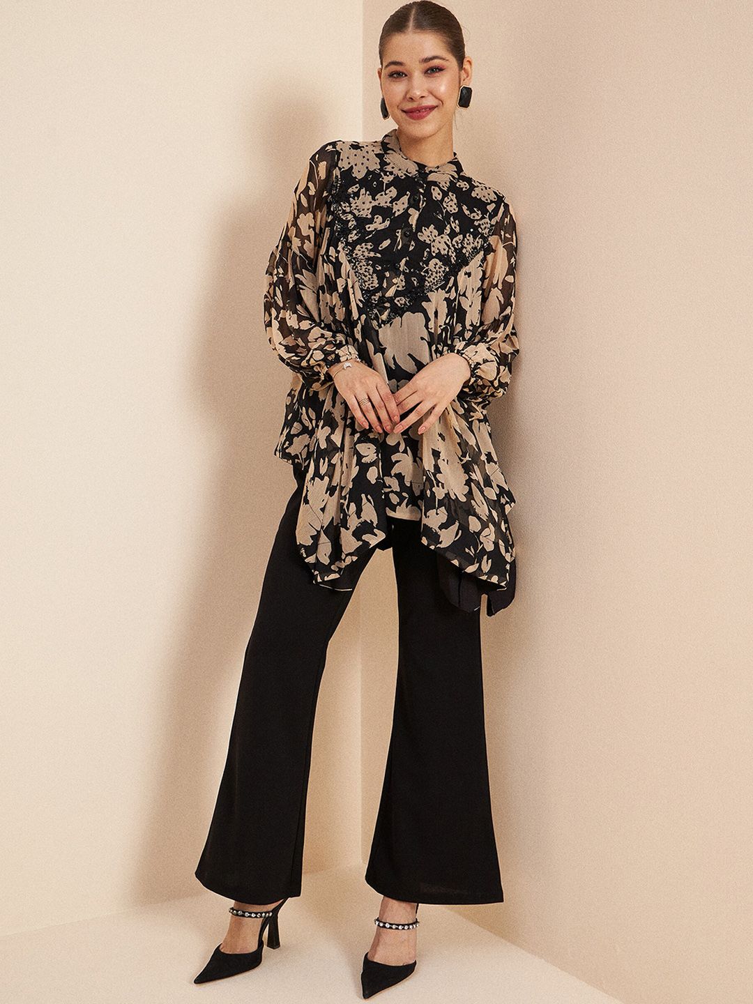 Antheaa Black Printed Embellished Top & Trousers