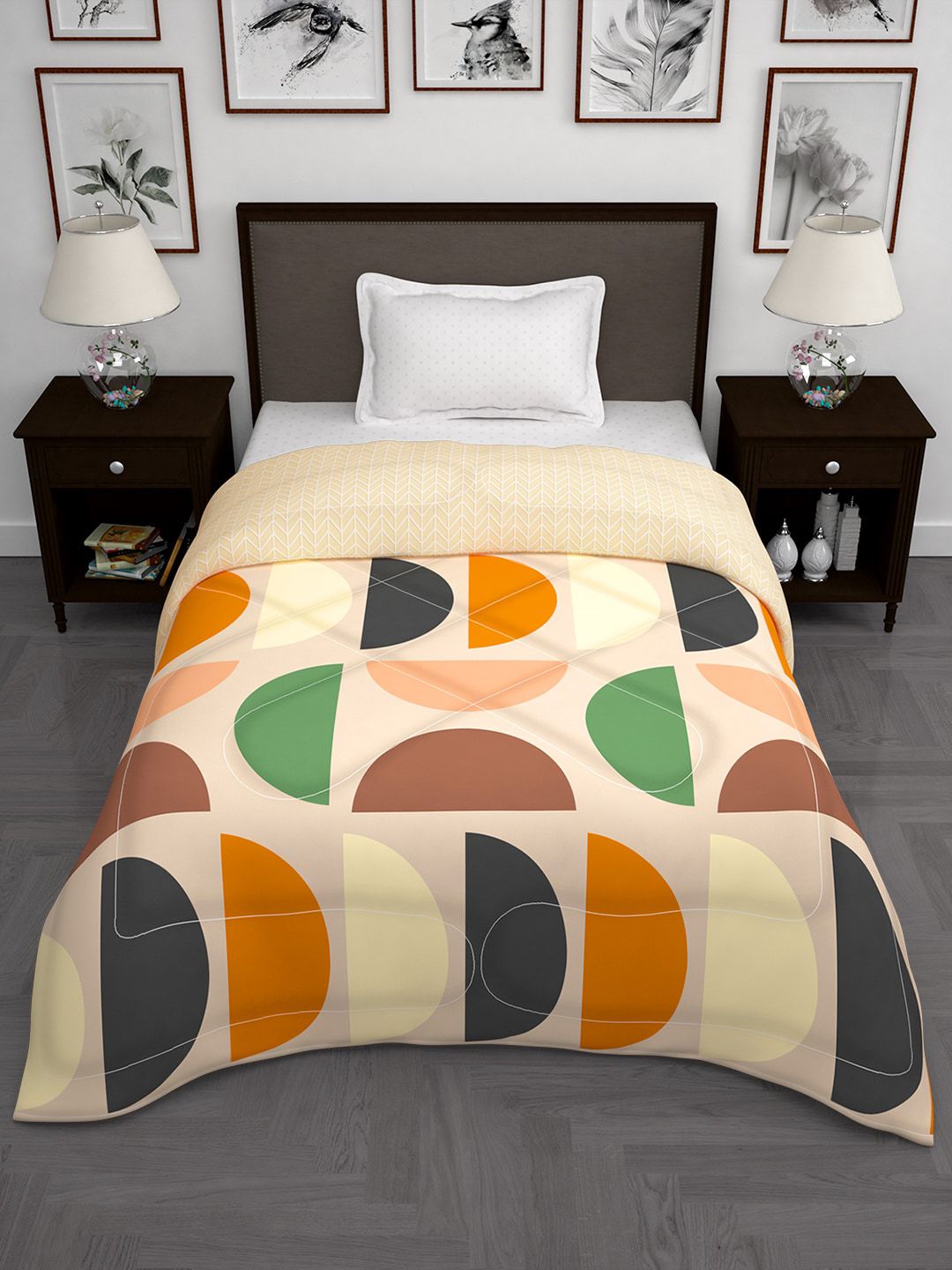 Story@home Peach-Coloured & Green Geometric 180 GSM AC Room Single Bed Comforter