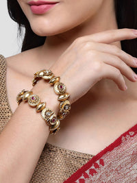 KARATCART Set Of 2 Gold-Plated Pink & White Kundan Floral Rajwadi Bangles