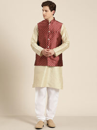 SOJANYA Lelaki Benang Berjalur Berwarna Krim Bekerja Lurus Kurta Churidar & Jaket Nehru
