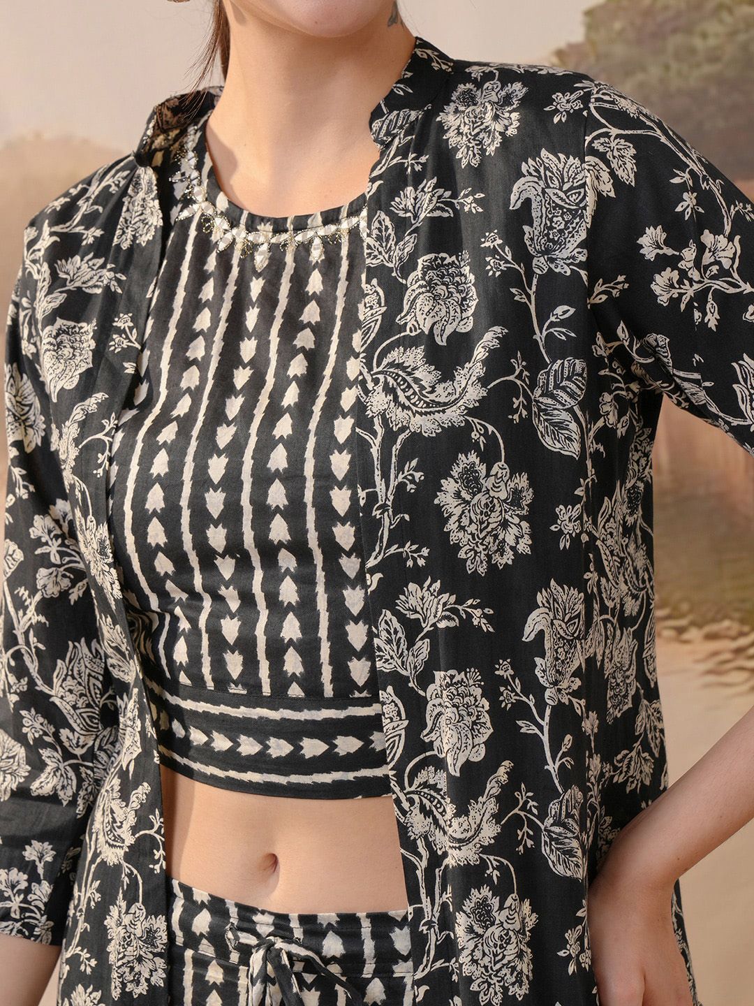 Vishudh Black Printed Top With Trousers & Shrug