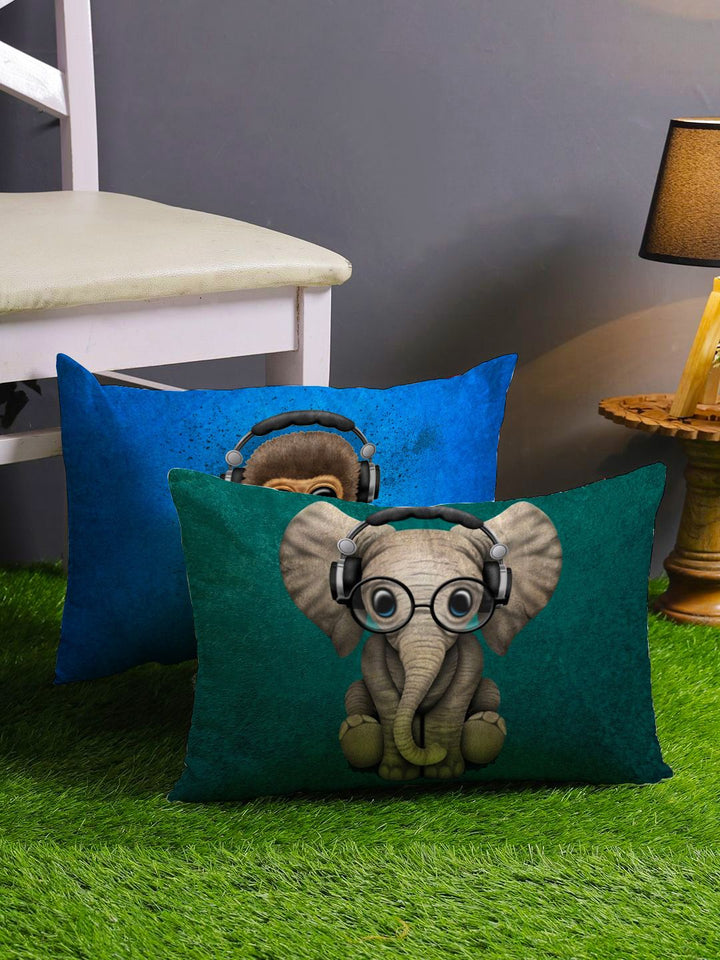 STITCHNEST Pack Of 2 Green & Blue Printed Rectangle Cushion Cover