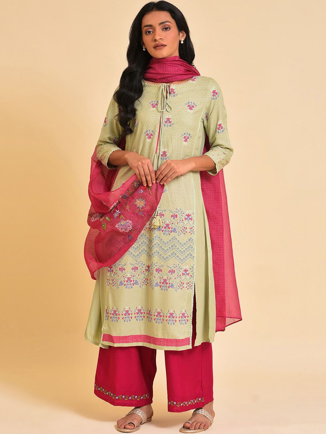 W Green & Pink Floral Printed Sequined Kurta with Palazzos & Dupatta
