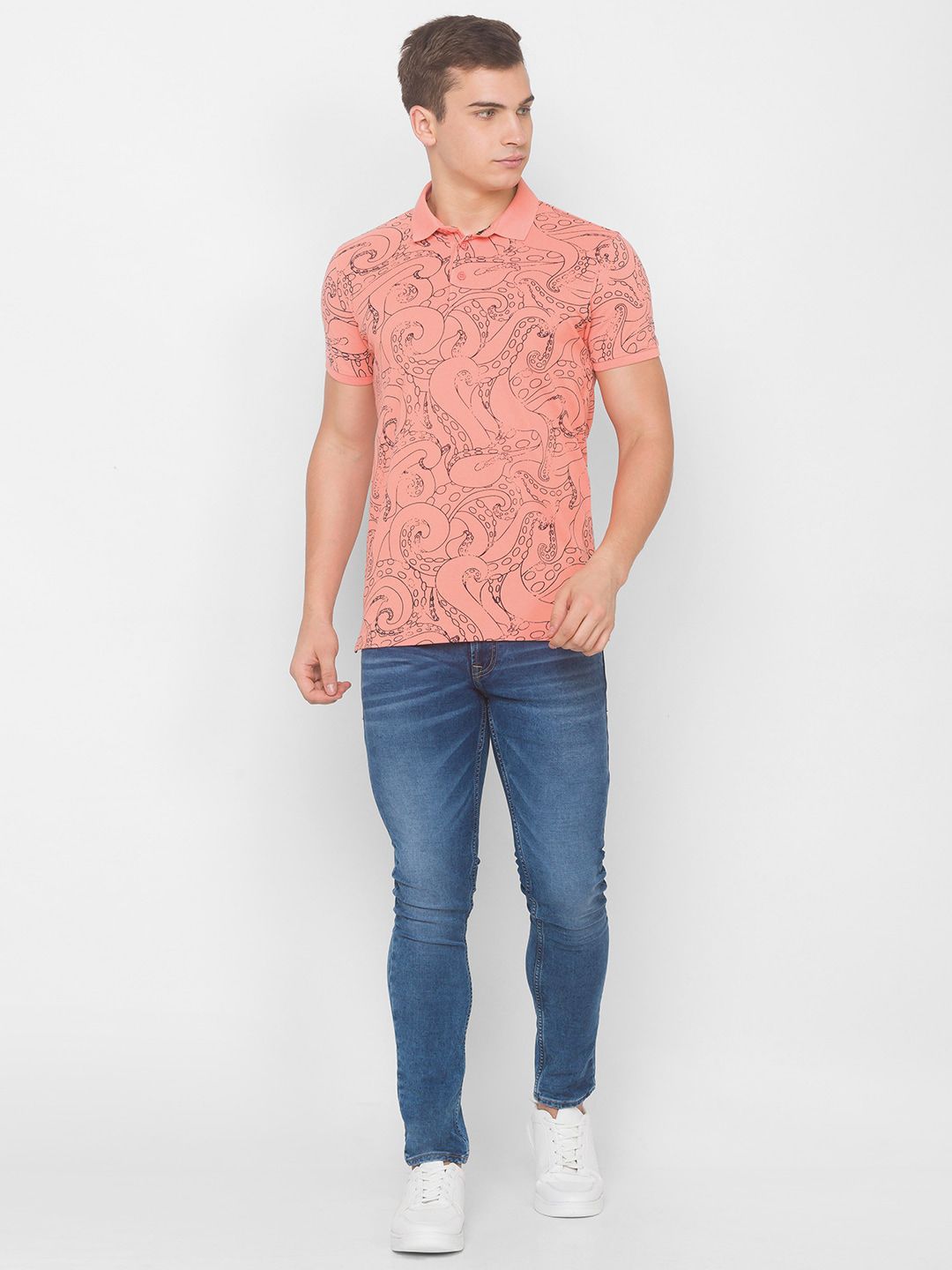 SPYKAR Men Pink Typography Printed Polo Collar Pure Cotton Slim Fit T-shirt