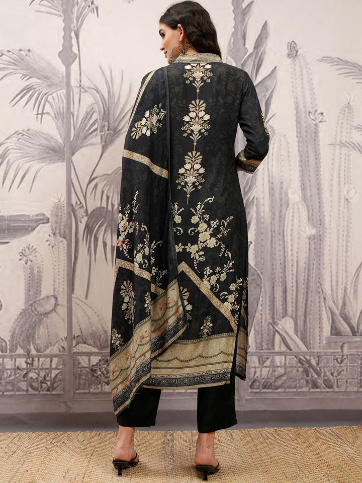 Vishudh Black & Gold Toned Floral Embroidered Straight Kurta with Trousers & With Dupatta
