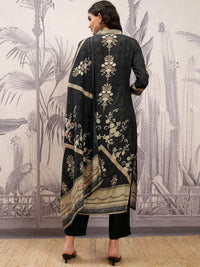 Vishudh Black & Gold Toned Floral Embroidered Straight Kurta with Trousers & With Dupatta
