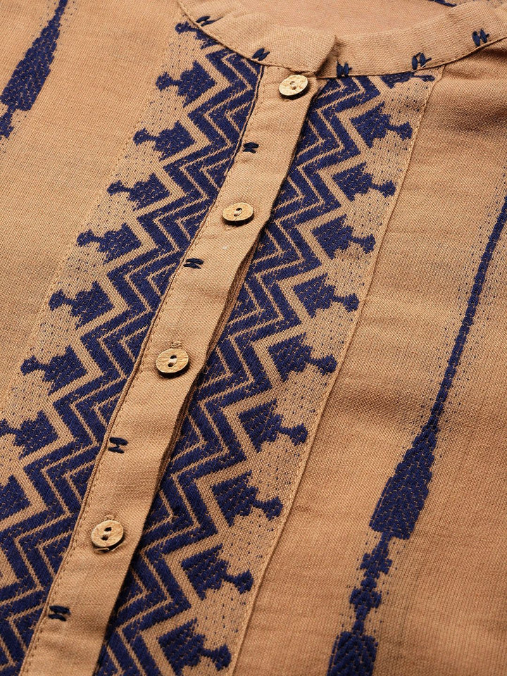 W Women Brown & Navy Blue Striped Straight Kurta