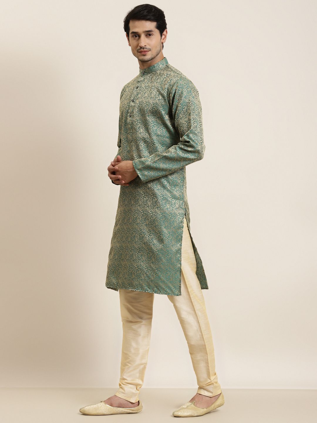 SOJANYA Men Green & Golden Ethnic Motifs Kurta
