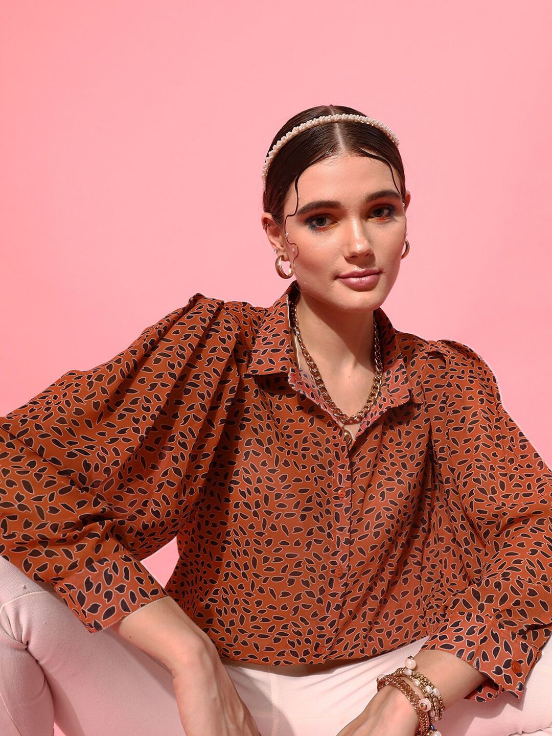 STREET 9 Women Rust Comfort Boxy Sheer Printed Casual Shirt