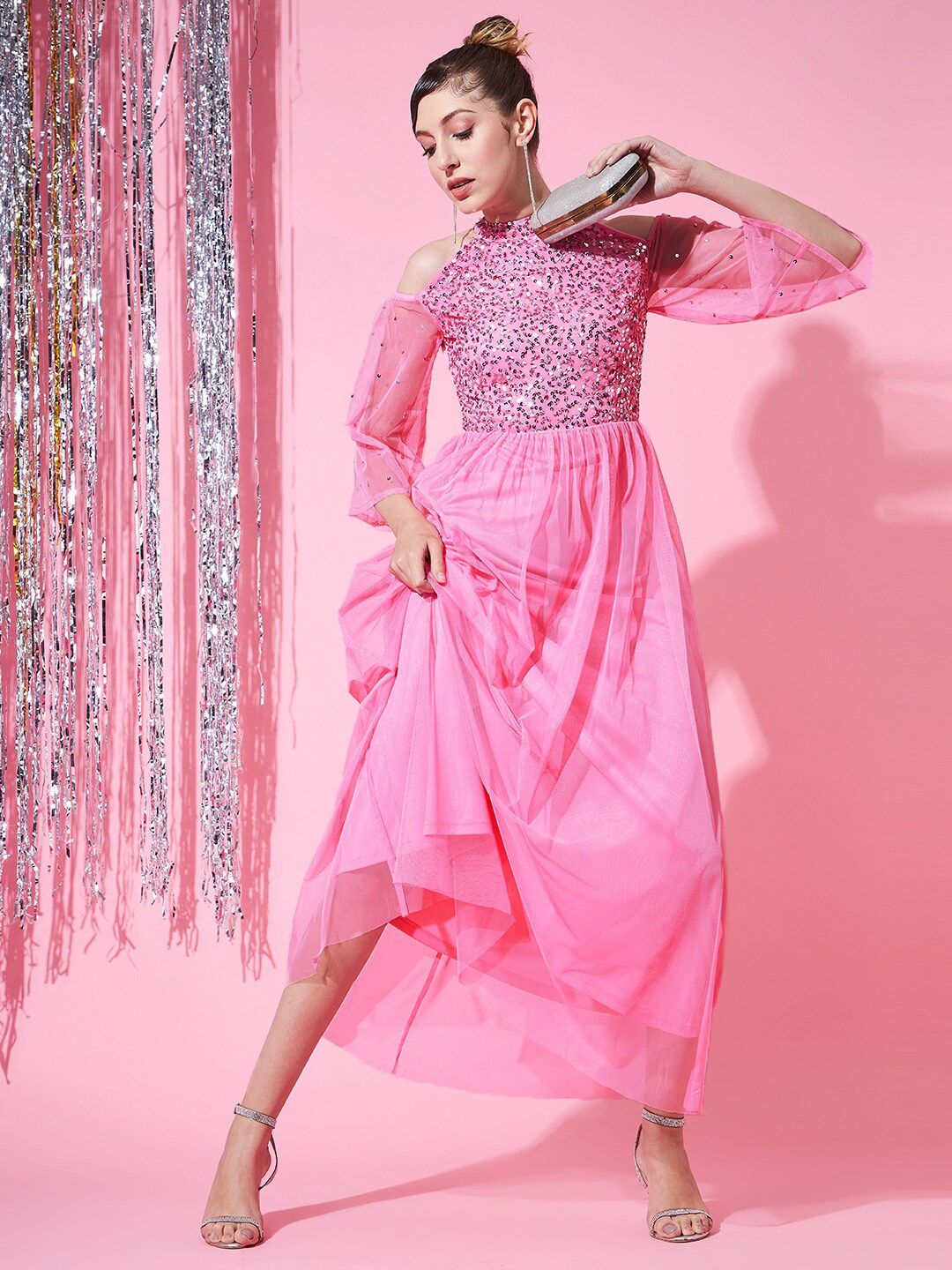 STREET 9 Women Floral Halter Neck Net Maxi Dress