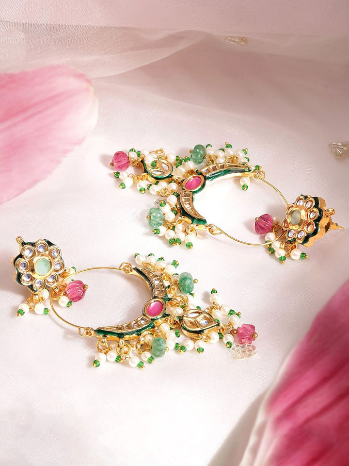 Rubans 22k berbilang warna emas & Kundan Studded Chandbali Anting-anting dengan manik-manik