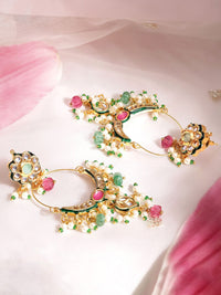 Rubans 22k berbilang warna emas & Kundan Studded Chandbali Anting-anting dengan manik-manik