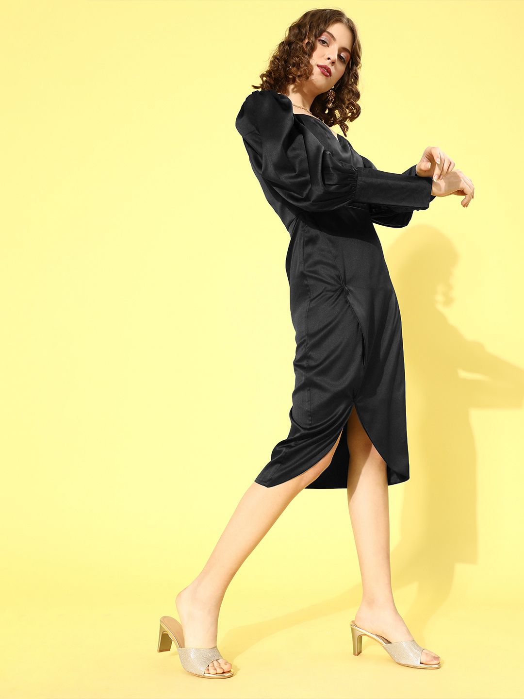 STREET 9 Black Satin A-Line Midi Dress