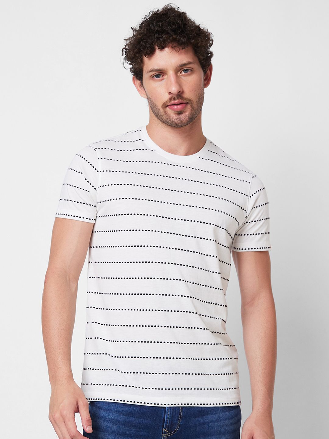 SPYKAR Round Neck Striped Cotton Slim Fit T-shirt