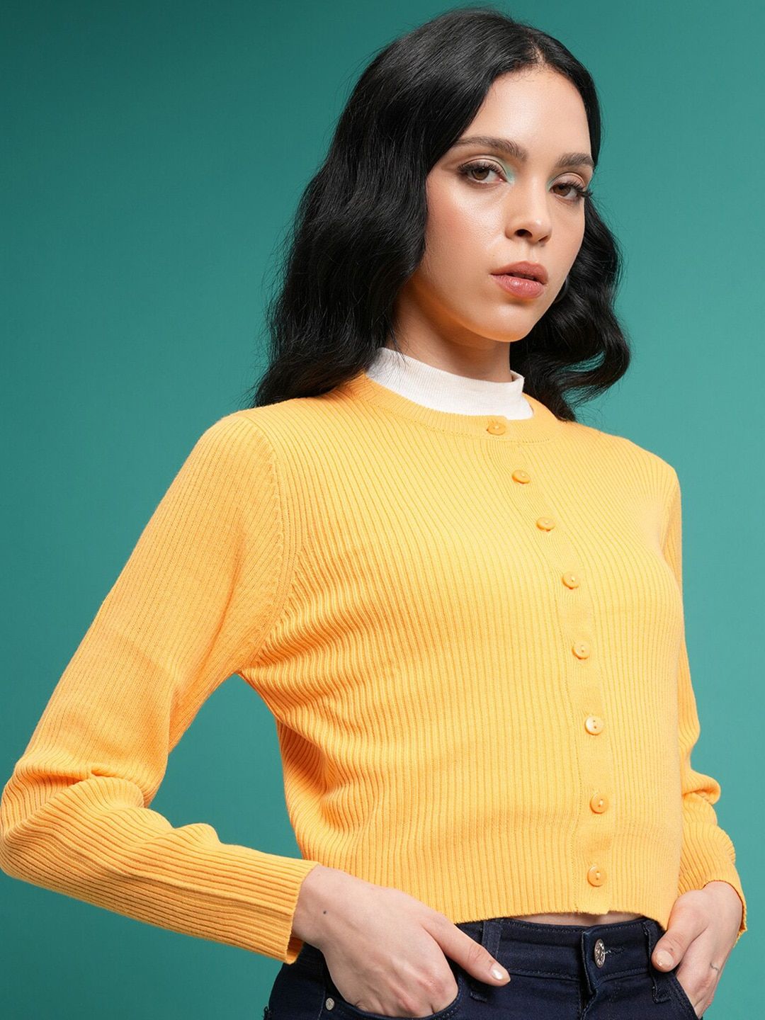 Tokyo Talkies Yellow Ribbed Acrylic Crop Cardigan Sweater