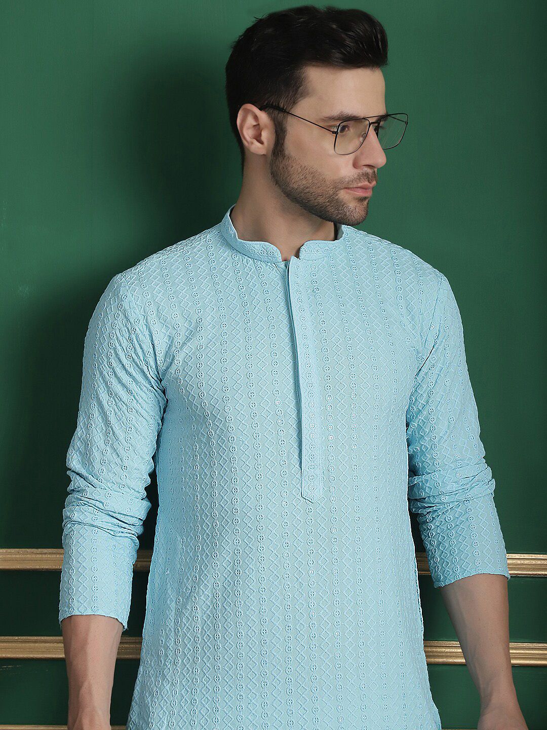 Anouk Blue Ethnic Embroidered Straight Kurta with Pyjamas