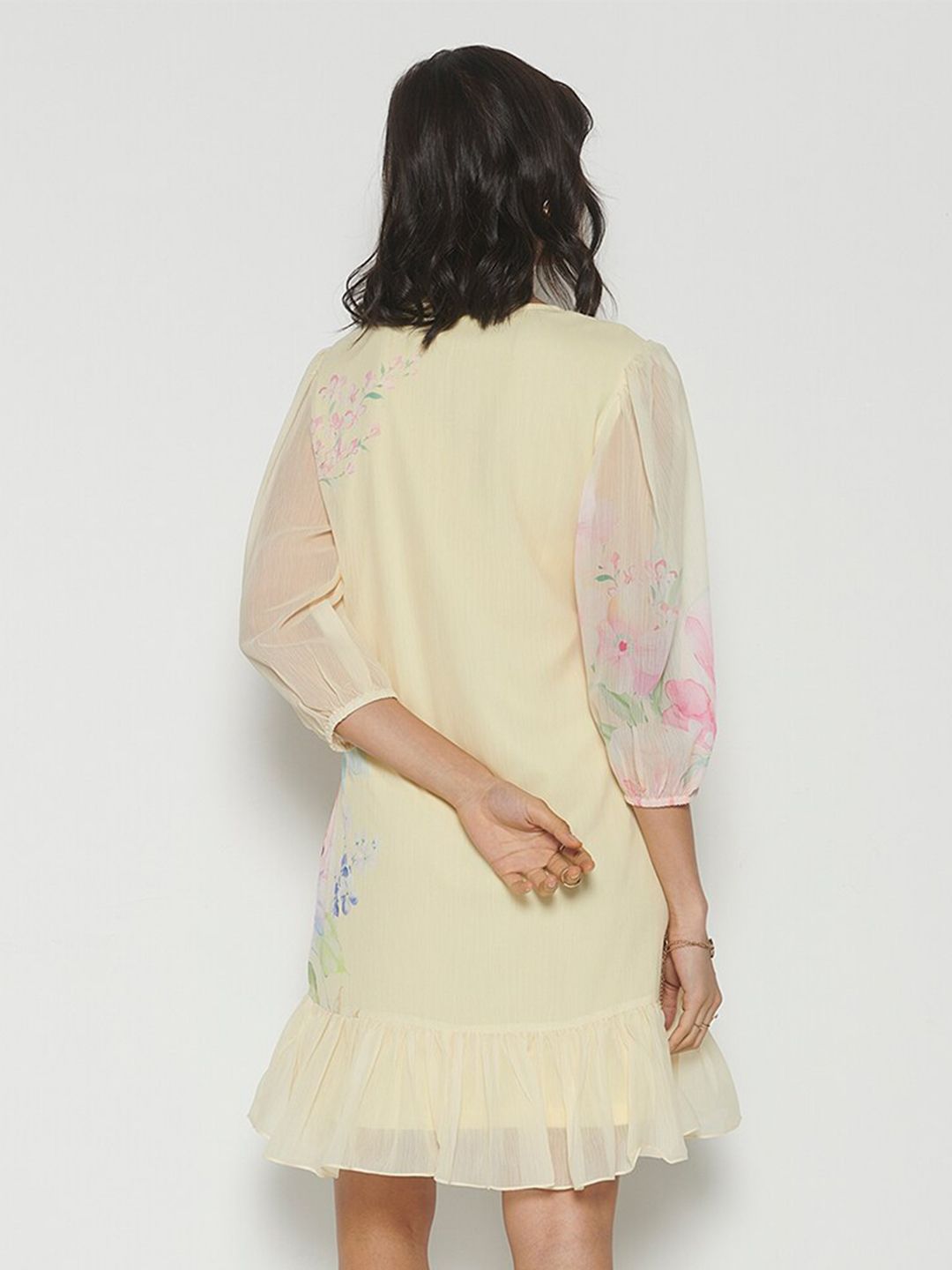 AND Floral Printed Puff Sleeves Gathered Detailed A-Line Dress