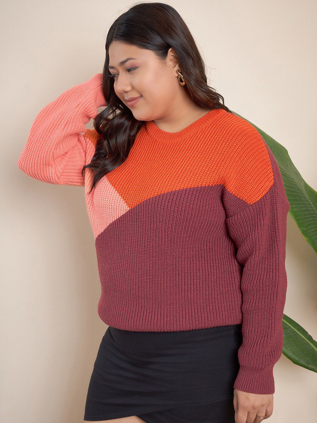 CURVY STREET Plus Size Colourblocked Acrylic Pullover
