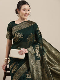 Saree mall Green Floral Linen Blend Banarasi Saree