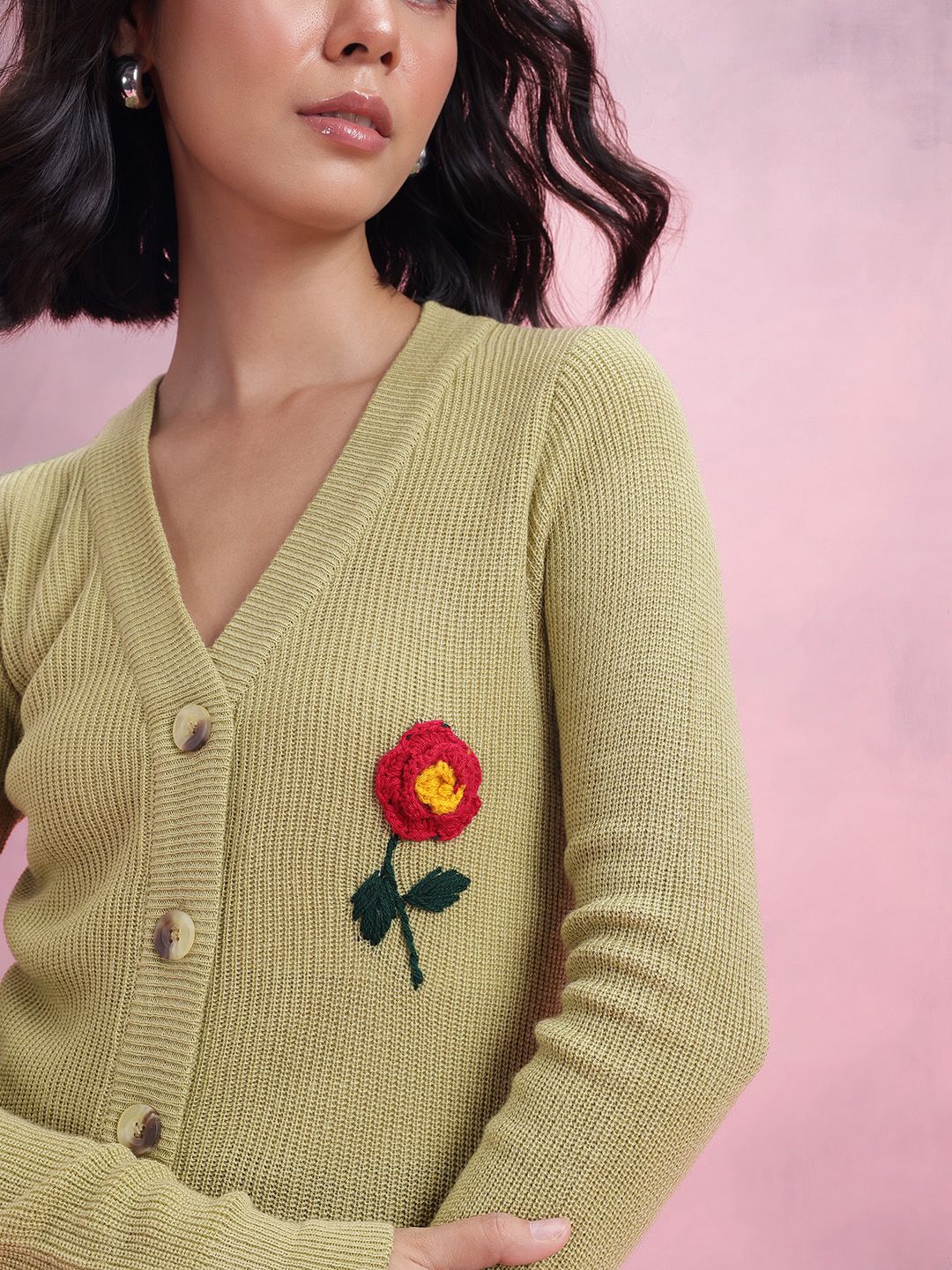 DressBerry Floral Embroidered Ribbed Acrylic Cardigan