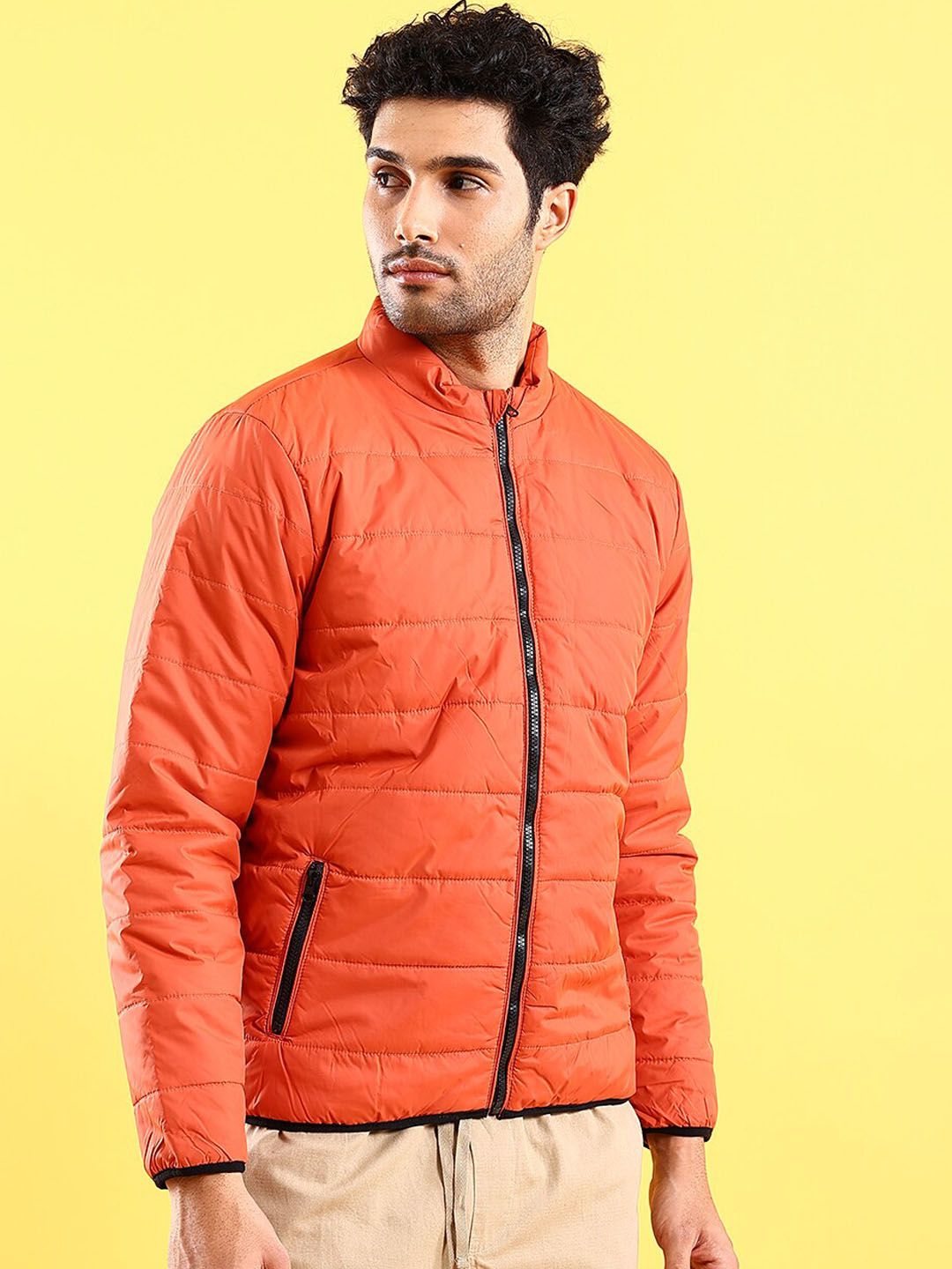 The Indian Garage Co Men Rust Colourblocked Crop Outdoor Padded Jacket