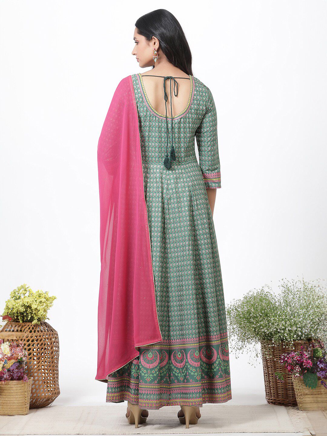 W Floral Printed Round Neck Maxi Dress With Dupatta