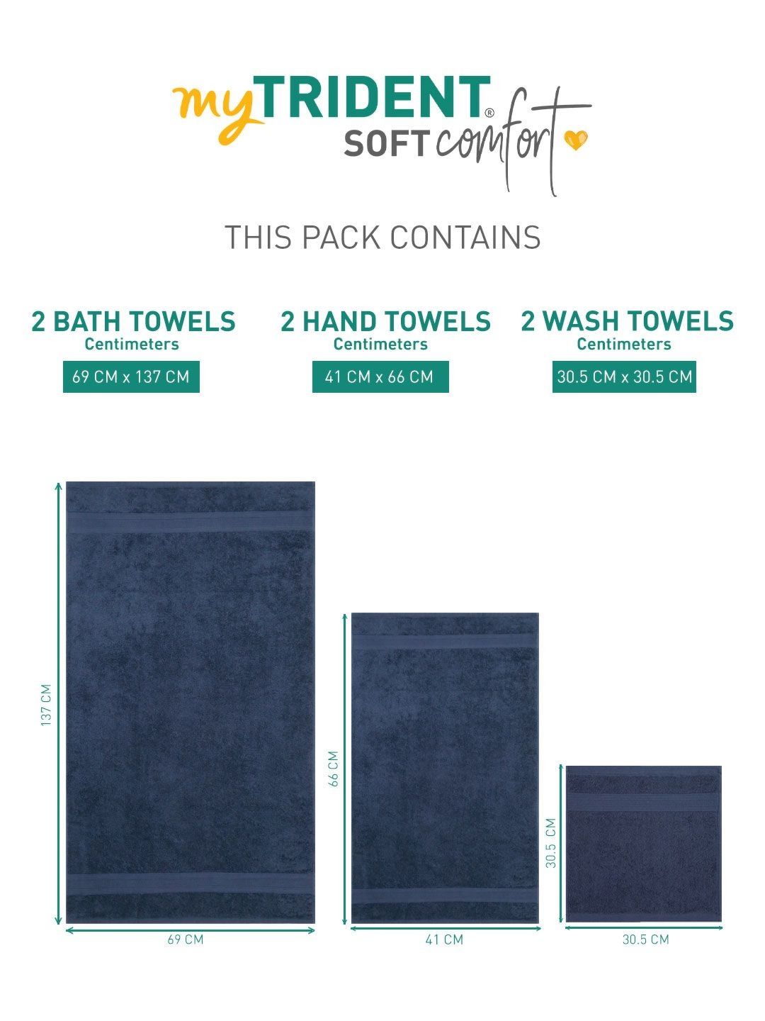 MYTRIDENT Soft Comfort Navy Blue 6 Pieces Pure Cotton 500 GSM Towel Set